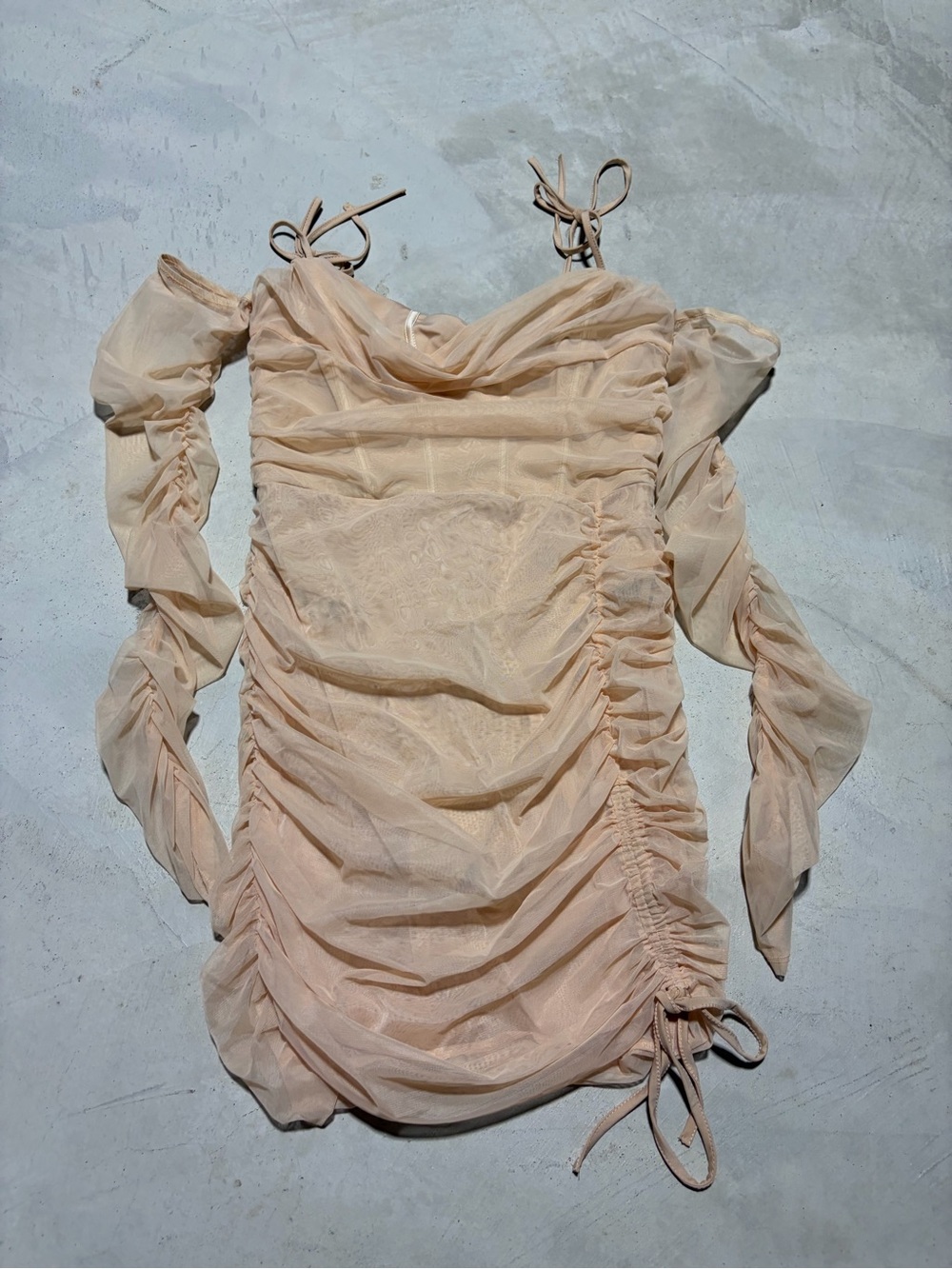 Oh Polly NWT Women's Ruched Tie-Strap Mesh Dress sand 8